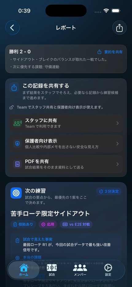 Vollyzeのレポート画面。試合結果から次の練習案が表示されている。