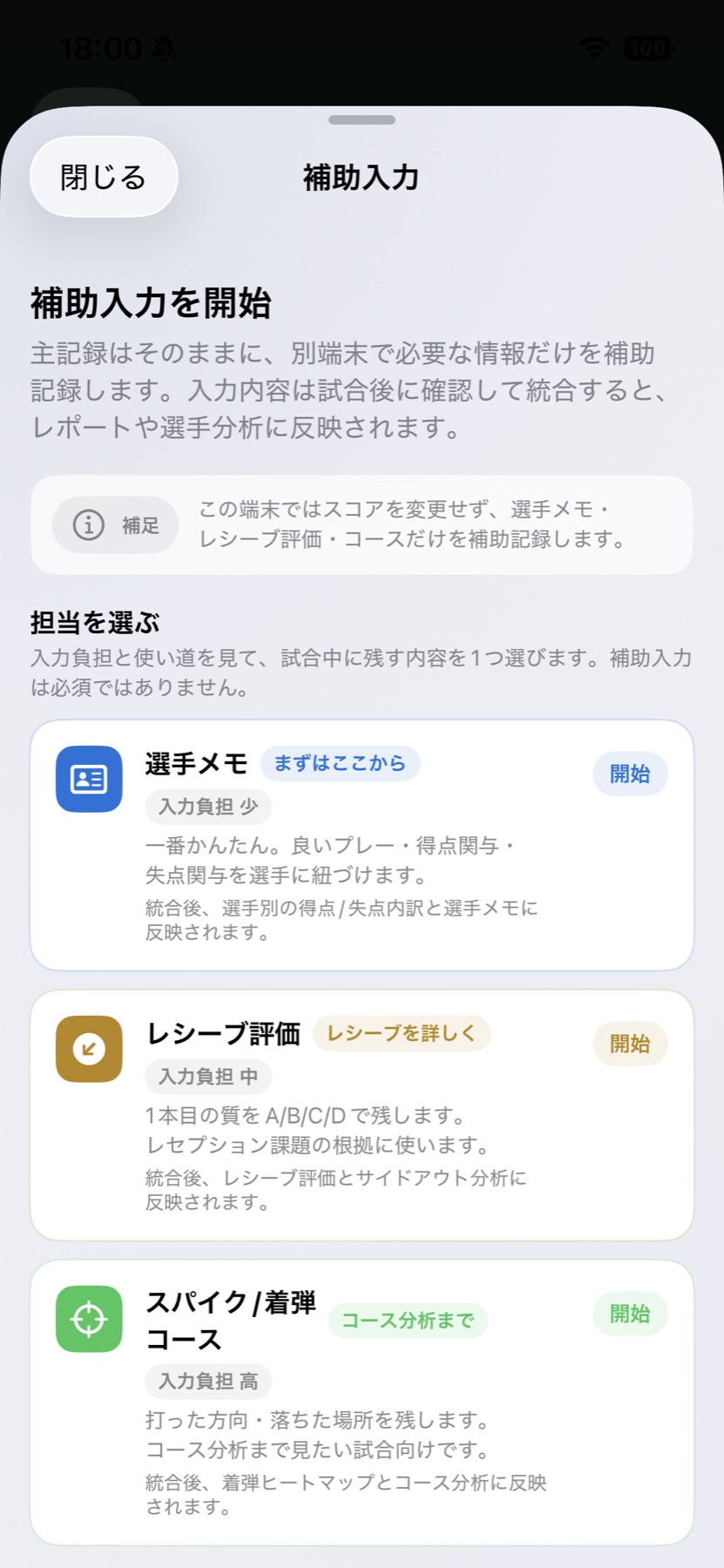 Vollyzeの補助入力開始画面。別端末で選手メモ、レシーブ評価、スパイク・着弾コースを選んで記録できる。
