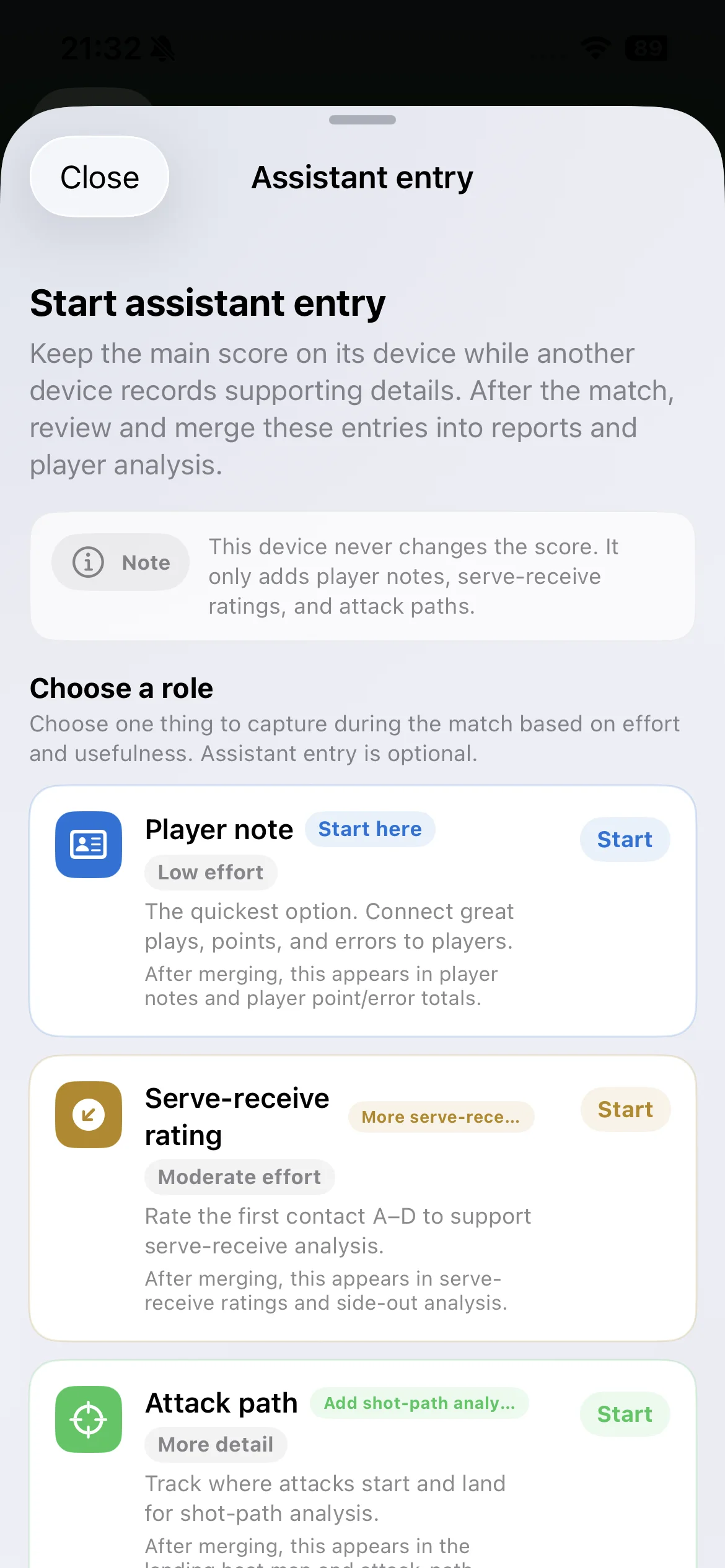 Vollyze assistant entry in English, offering player notes, serve-receive ratings and attack paths without changing the main score.