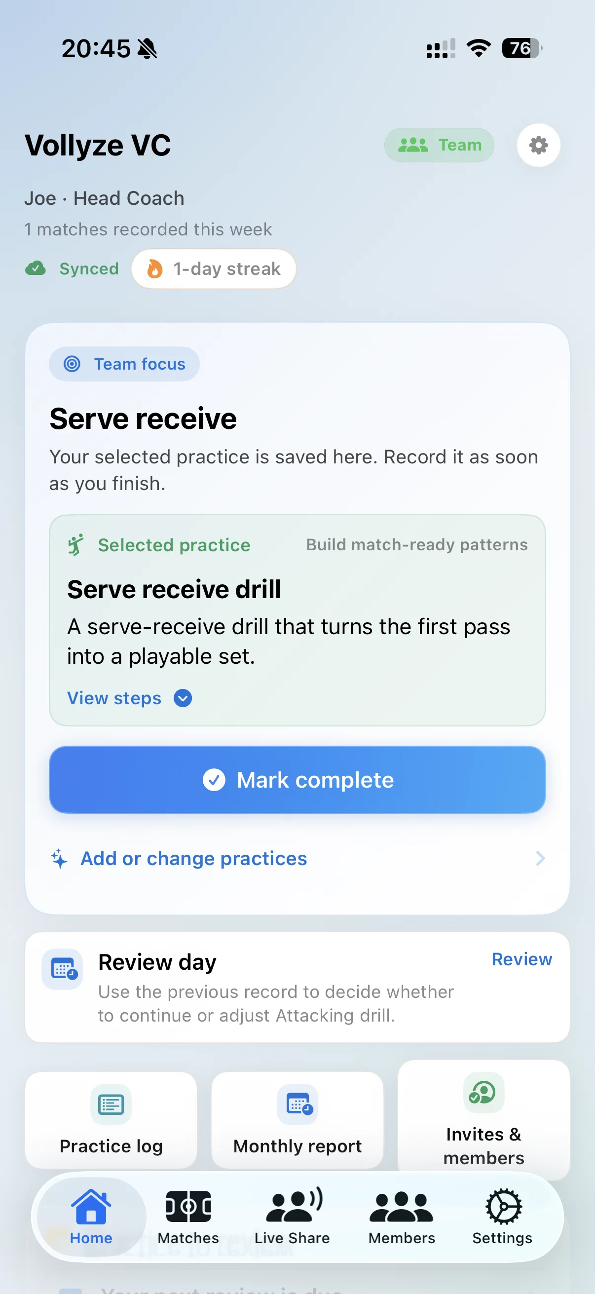 Vollyze volleyball coaching app home screen in English