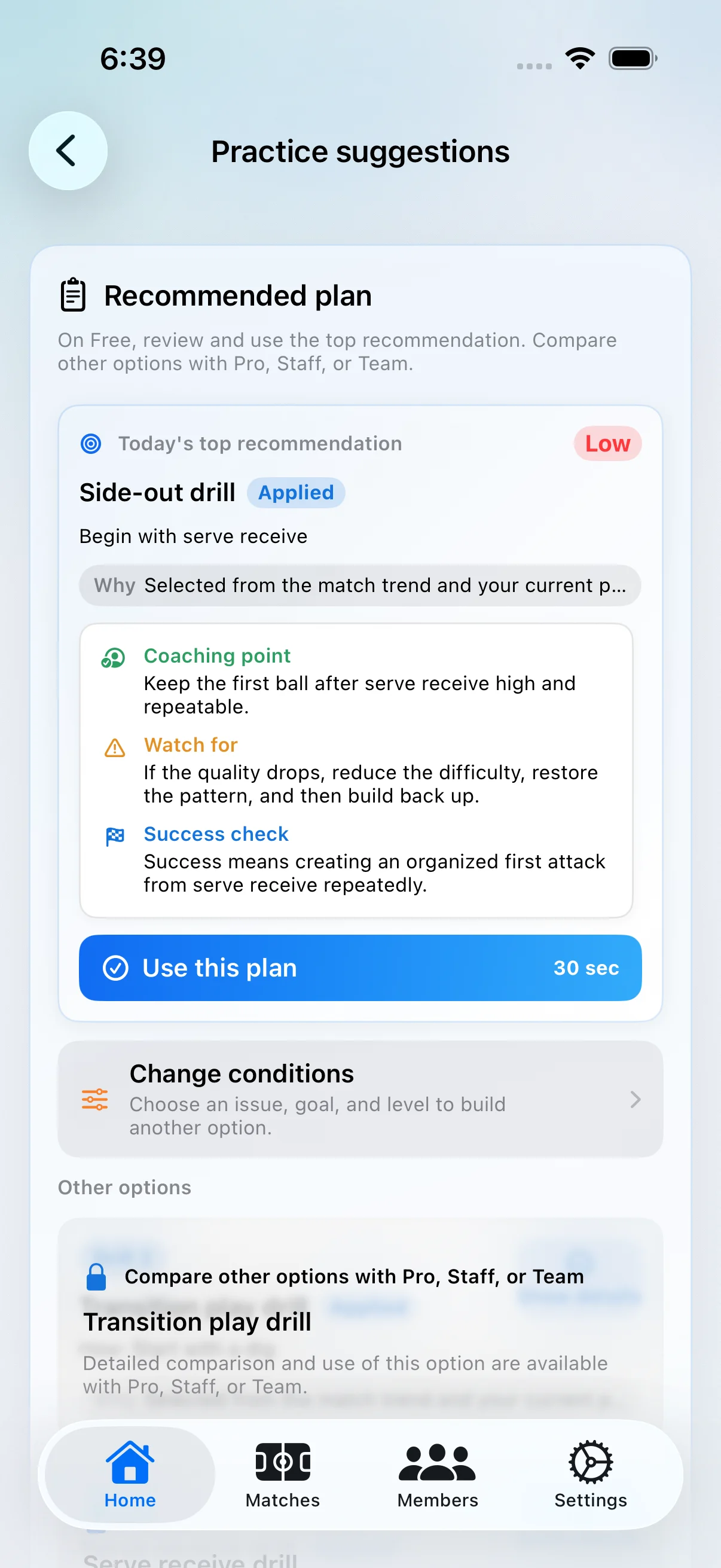 Vollyze serve-receive practice suggestion with coaching point and success check