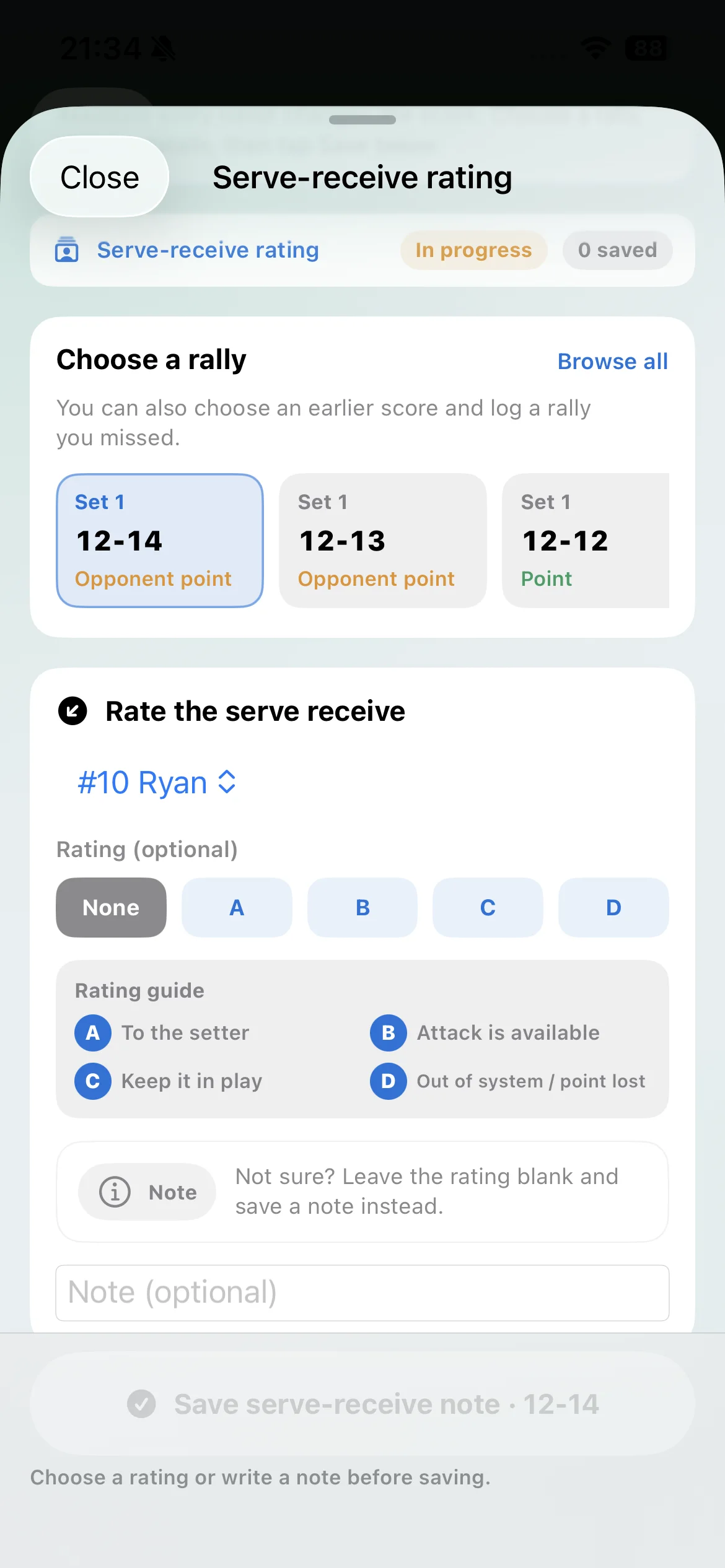 Vollyze serve-receive rating entry in English, with A through D reception grades and a player selector.