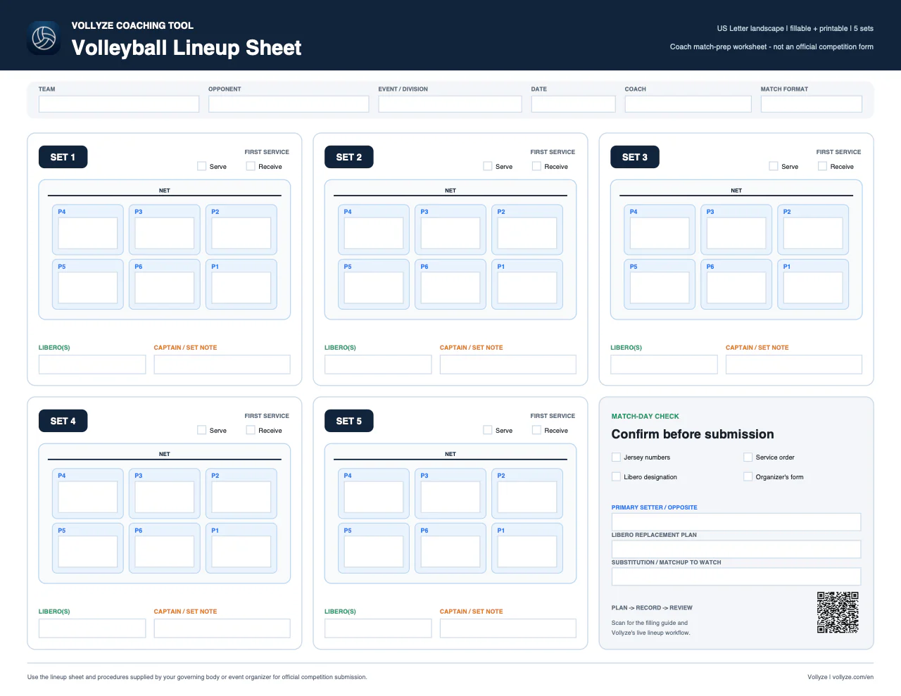 Free fillable five-set volleyball lineup sheet for coaches