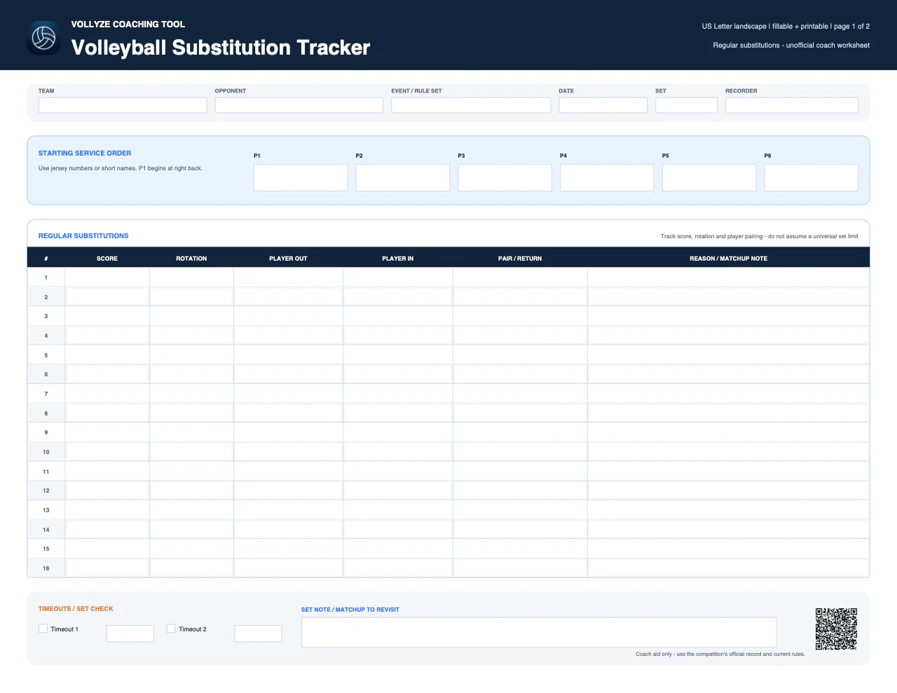 Free fillable volleyball substitution and Libero replacement tracker